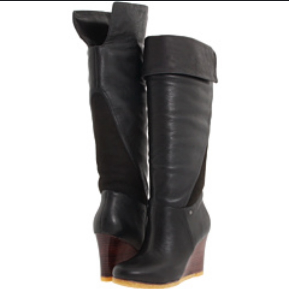 Ugg Ravenna Black Leather Tall Cuffed Wedge Boots size 8 - Picture 6 of 6